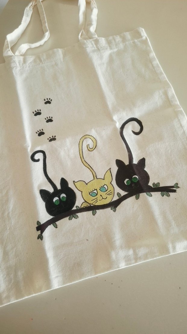 Ham Bez Kedi Montürlü El Boyaması Alışveriş Çantası - Görsel 2