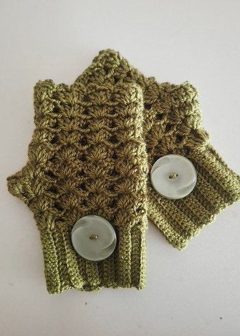 Yağ Yeşili Düğmeli Örgü Eldiveni - Hippi Tarzı - Görsel 7