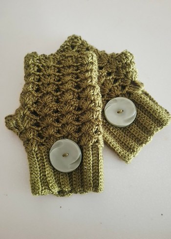 Yağ Yeşili Düğmeli Örgü Eldiveni - Hippi Tarzı - Görsel 6