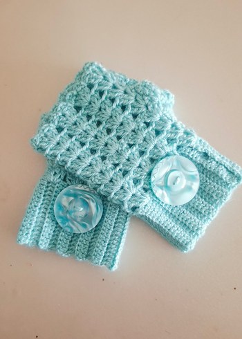 Mavi Örgü Bohem Düğmeli Kadın Eldiveni - Görsel 6