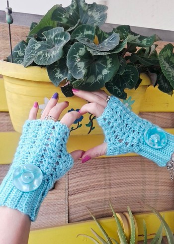 Mavi Örgü Bohem Düğmeli Kadın Eldiveni - Görsel 3