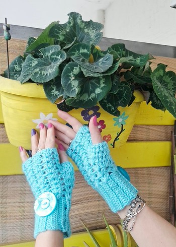 Mavi Örgü Bohem Düğmeli Kadın Eldiveni - Görsel 5