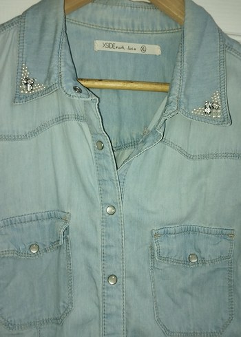 Kadın Gri Düğmeli Denim Gömlek - Görsel 2