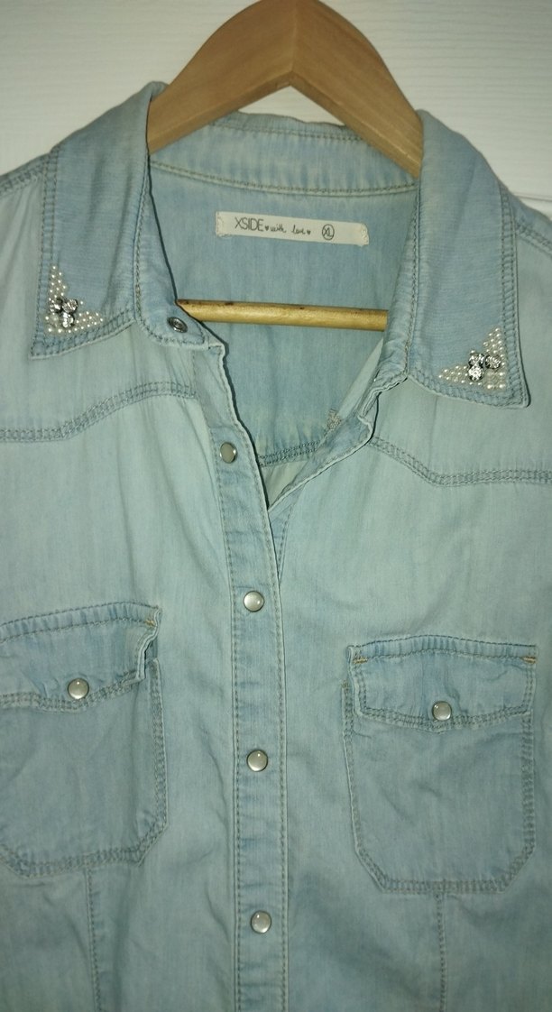 Kadın Gri Düğmeli Denim Gömlek - Görsel 2