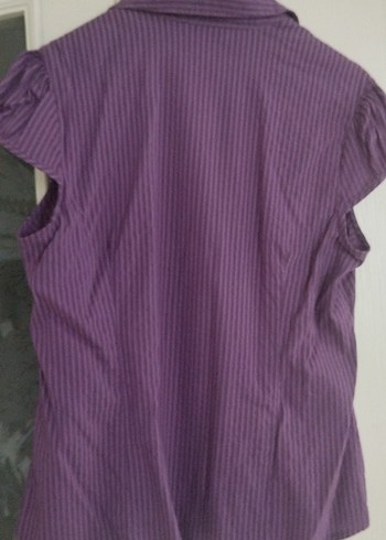 Mor Çizgili Kısa Kollu Kadın Gömlek - Görsel 2
