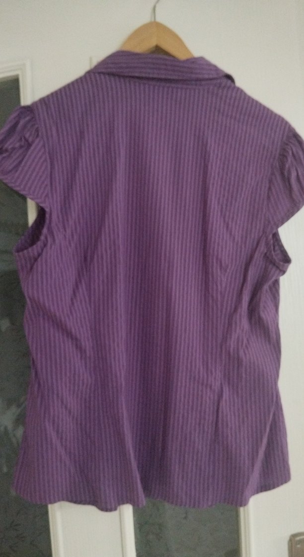 Mor Çizgili Kısa Kollu Kadın Gömlek - Görsel 2