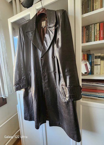 Düğmeli Uzun Kahverengi Deri erkek pardesü - Görsel 8