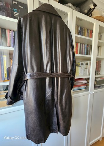 Düğmeli Uzun Kahverengi Deri erkek pardesü - Görsel 3