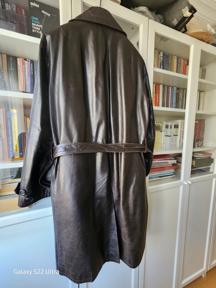 Düğmeli Uzun Kahverengi Deri erkek pardesü - Görsel 3