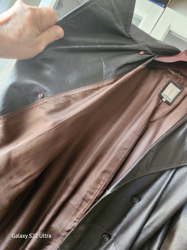 Düğmeli Uzun Kahverengi Deri erkek pardesü - Görsel 5