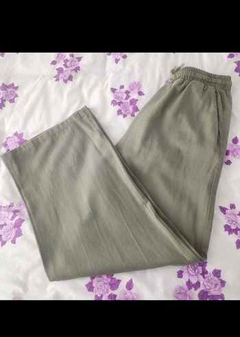Kadın Haki Bol Kesim Keten Pantolon