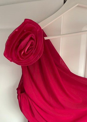 Pembe Drapeli Tek Omuz Abiye Elbise - Görsel 3