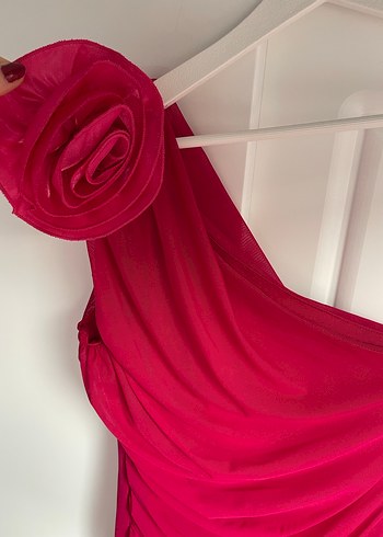 Pembe Drapeli Tek Omuz Abiye Elbise - Görsel 4