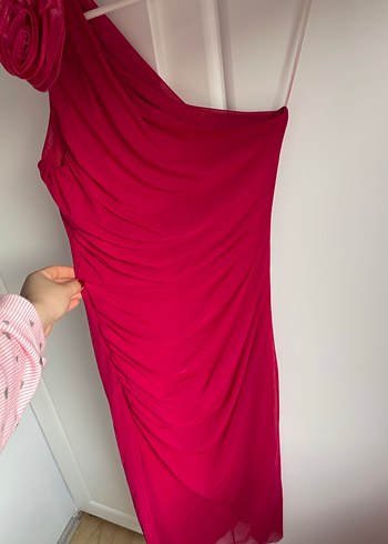 Pembe Drapeli Tek Omuz Abiye Elbise - Görsel 8