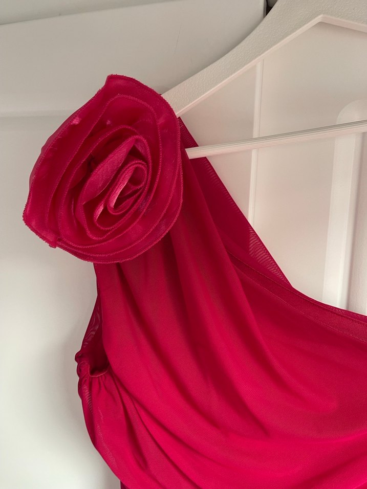 Pembe Drapeli Tek Omuz Abiye Elbise - Görsel 3