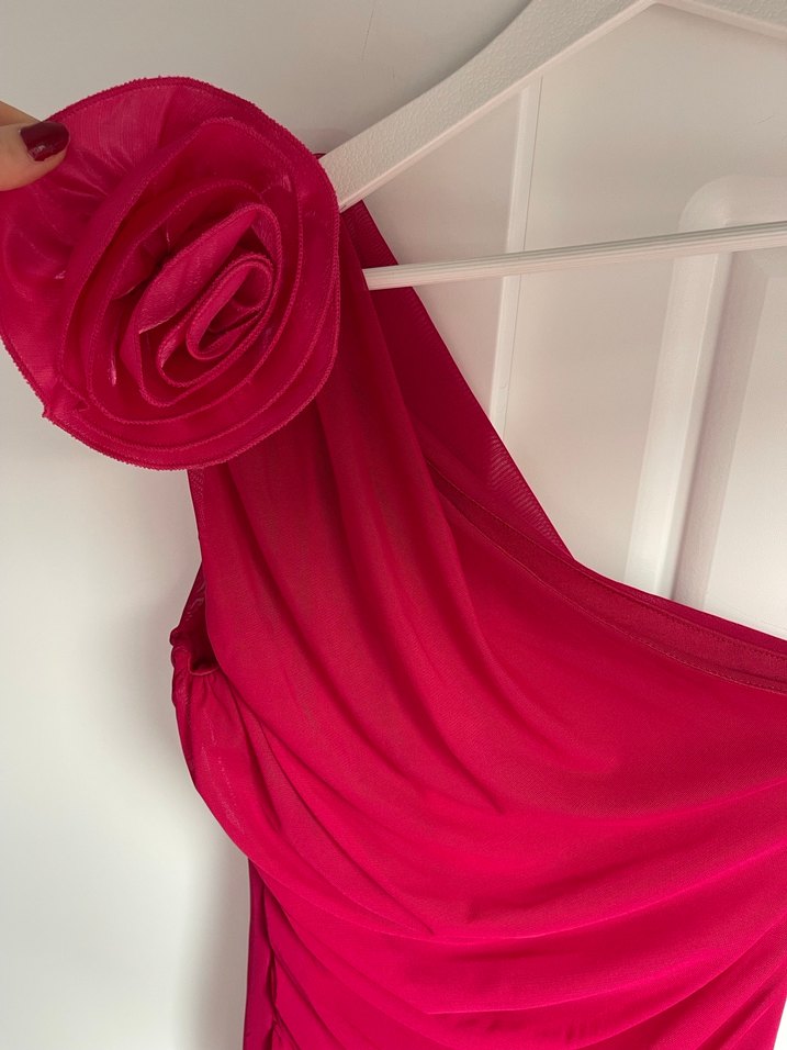 Pembe Drapeli Tek Omuz Abiye Elbise - Görsel 4