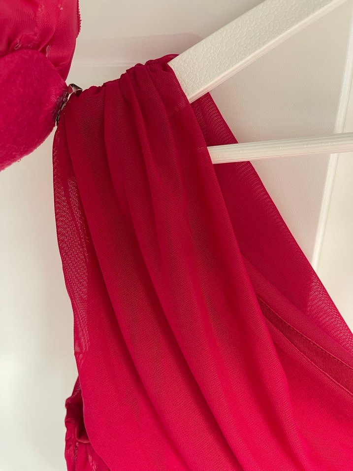 Pembe Drapeli Tek Omuz Abiye Elbise - Görsel 5