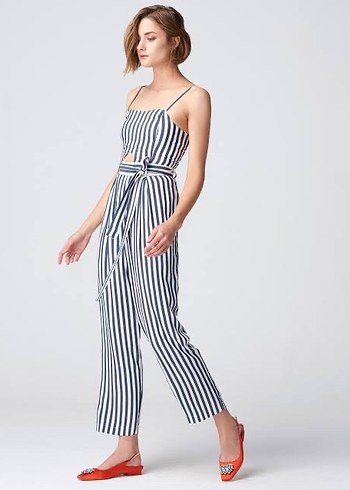 Çizgili, Askılı Kadın Tulum, Kemerli - Görsel 2