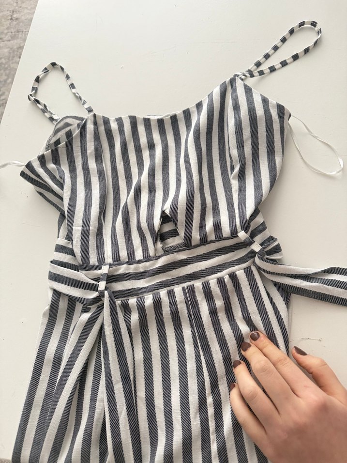 Çizgili, Askılı Kadın Tulum, Kemerli - Görsel 3