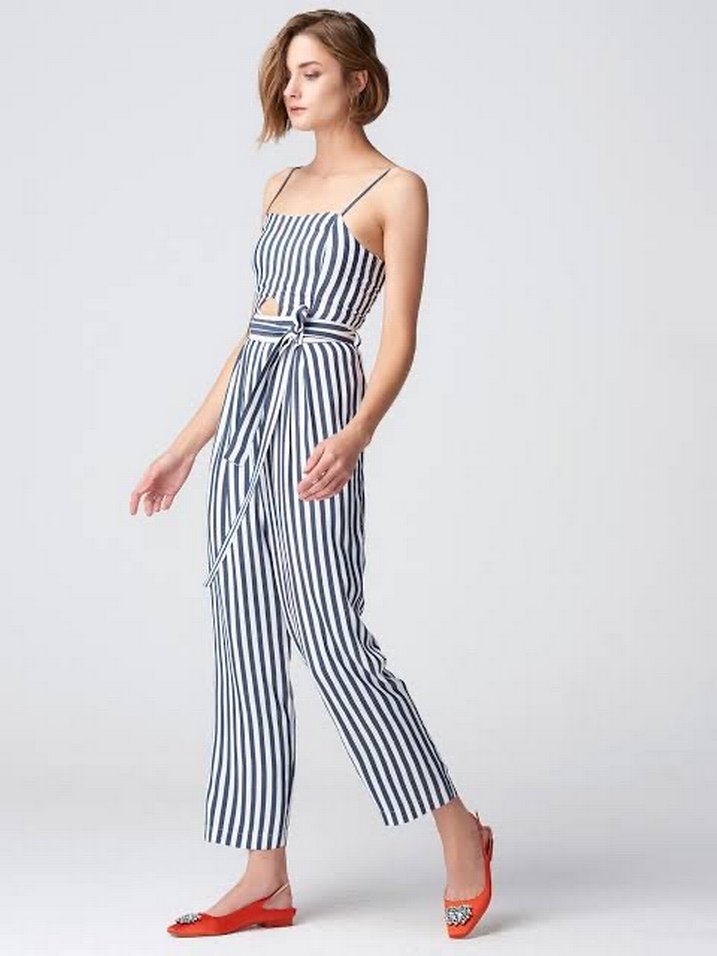 Çizgili, Askılı Kadın Tulum, Kemerli - Görsel 2