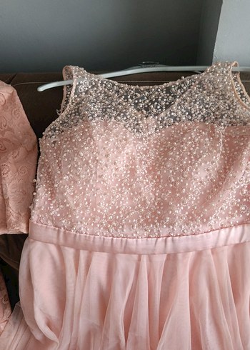 Dantel Detaylı Pembe Midi Abiye Elbise - Görsel 2