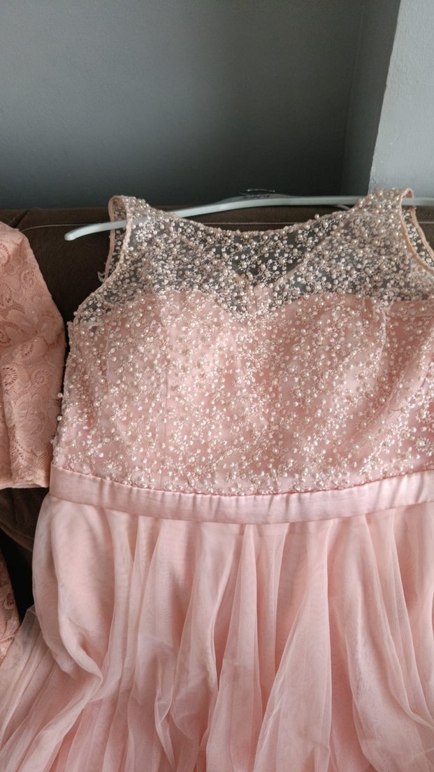 Dantel Detaylı Pembe Midi Abiye Elbise - Görsel 2