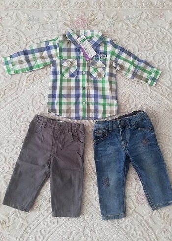 Erkek Bebek Ekoseli Gömlek ve İki Pantolon Takımı