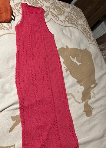 Pembe Bohem Uzun Triko Elbise