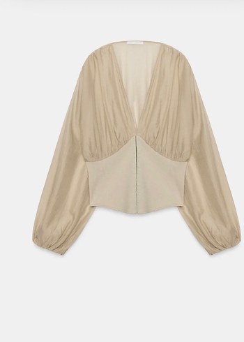 Zara Bej V Yaka Balon Kollu Sifon Bluz