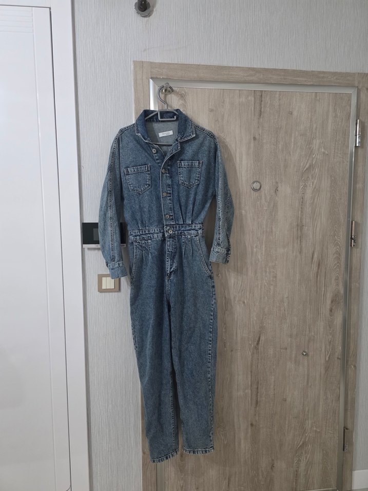 Kadın Mavi Denim Uzun Kollu Tulum - Görsel 3