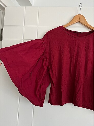 s Beden bordo Renk Zara kolu fırfırlı tshirt