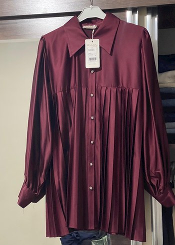 Bordo Pilili Kadın Midi Gömlek