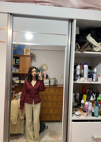 s Beden Bordo V Yaka Uzun Kollu Kadın Gömlek