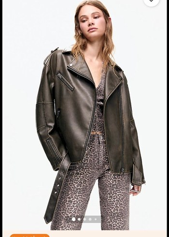 Pull and Bear Kadın Kahverengi Deri Biker Ceket