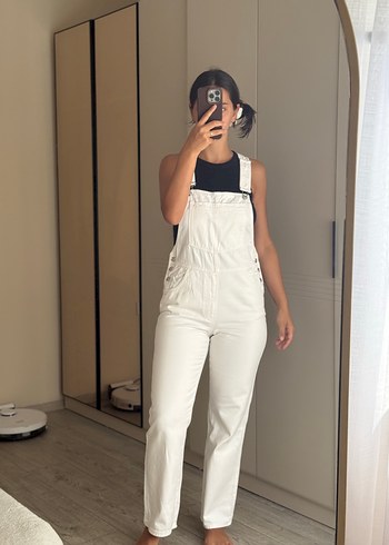 Kadın Beyaz Midi Denim Salopet