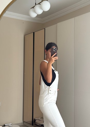 Mango Kadın Beyaz Midi Denim Salopet