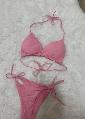 s Beden pembe Renk Pembe İpli Kadın Bikini Takımı