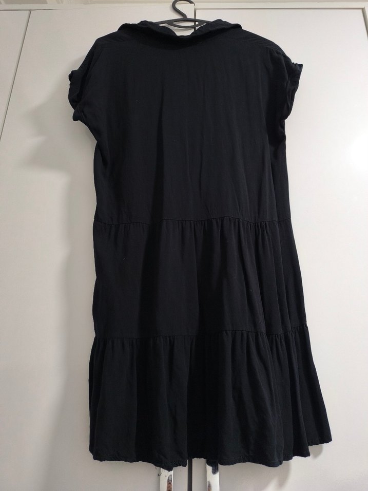 Siyah Midi Keten Elbise, Robalı, Bol Kesim - Görsel 3