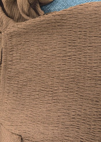 Düğmeli Kahverengi Keten Bluz - Görsel 4