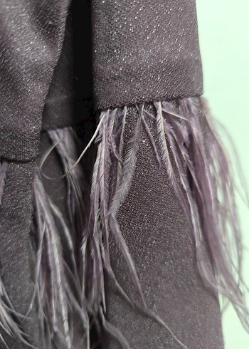 Gri Uzun Kadın Abiye Elbise Tüy Detaylı - Görsel 8