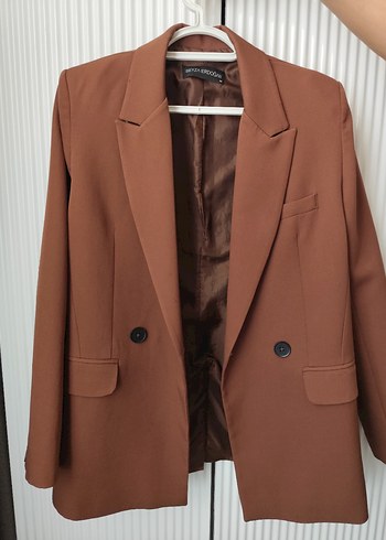 m Beden Düğmeli Kahverengi Midi Kadın Blazer Ceket takım