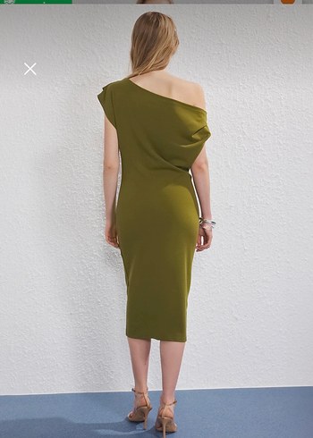 Drapeli Straplez Haki Midi Kalem Elbise - Görsel 4