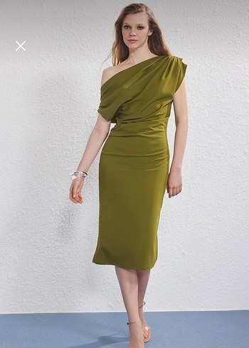 Drapeli Straplez Haki Midi Kalem Elbise - Görsel 2