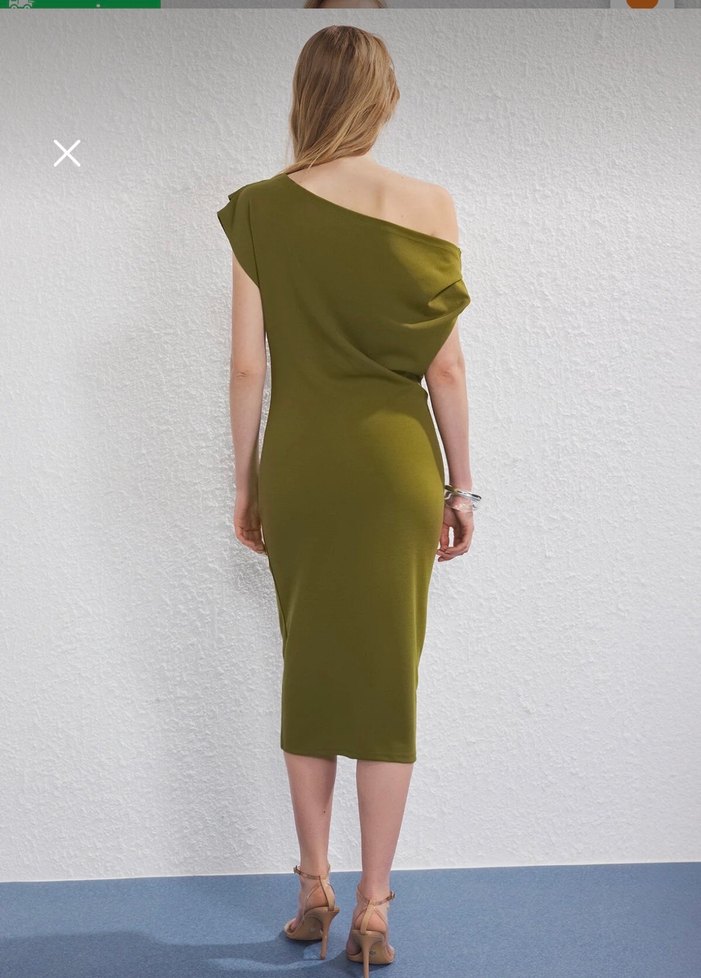 Drapeli Straplez Haki Midi Kalem Elbise - Görsel 4