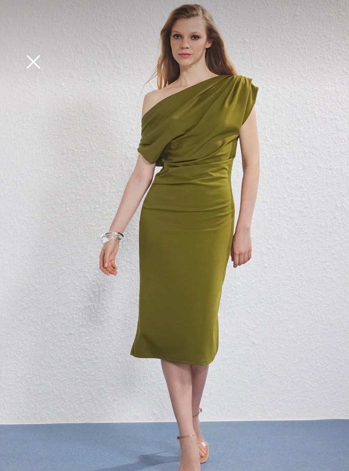 Drapeli Straplez Haki Midi Kalem Elbise - Görsel 2