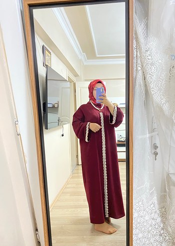 Bordo İşlemeli Uzun Kollu Kadın Elbise - Görsel 8