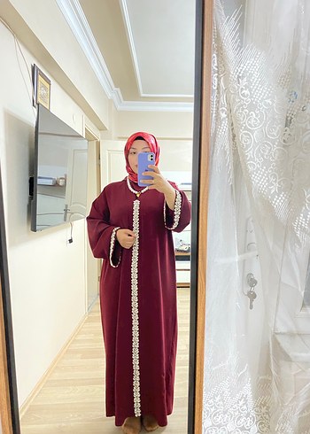 Bordo İşlemeli Uzun Kollu Kadın Elbise - Görsel 10