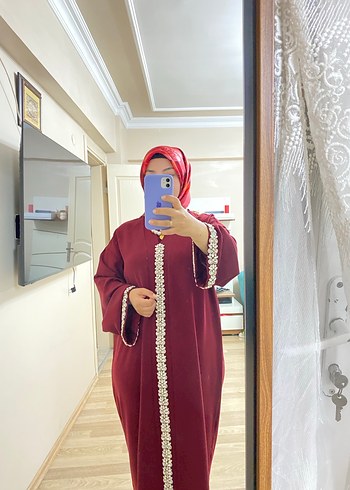 Bordo İşlemeli Uzun Kollu Kadın Elbise - Görsel 7