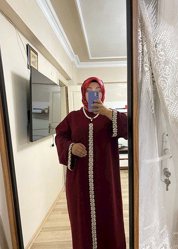 Bordo İşlemeli Uzun Kollu Kadın Elbise - Görsel 6