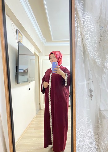 Bordo İşlemeli Uzun Kollu Kadın Elbise - Görsel 9